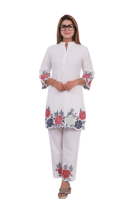 Elegant Floral Embroidered White Kurta Set