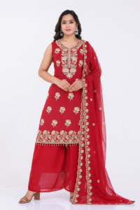 Red Embroidered Palazzo Suit (XXL)