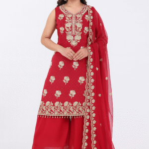 Red Embroidered Palazzo Suit (XXL)
