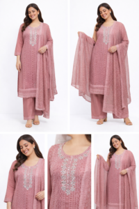 Rosé Elegance Embroidered Kurta Set with Dupatta