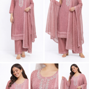 Rosé Elegance Embroidered Kurta Set with Dupatta