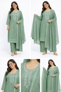 Sage Bloom Embroidered Kurta Set with Matching Dupatta