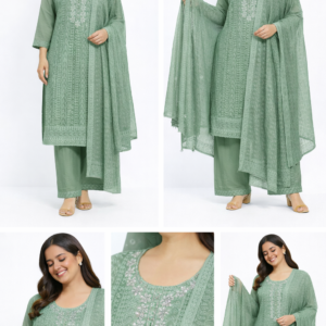 Sage Bloom Embroidered Kurta Set with Matching Dupatta