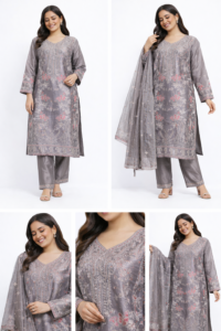 Ashira Grey Floral Embroidered Kurta Set with Dupatta