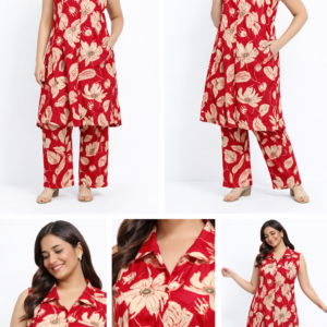 Crimson Bloom Sleeveless Floral Kurta Co-Ord Set