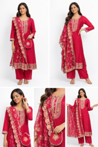 Rangriti Ruby Garden Embroidered Kurta Set with Dupatta & Potli