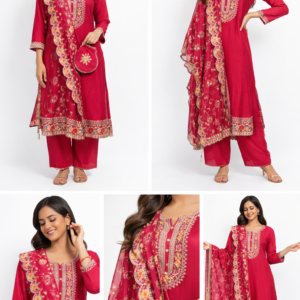 Rangriti Ruby Garden Embroidered Kurta Set with Dupatta & Potli