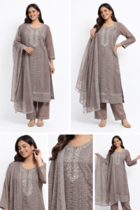 Taupe Whisper Embroidered Kurta Set with Dupatta