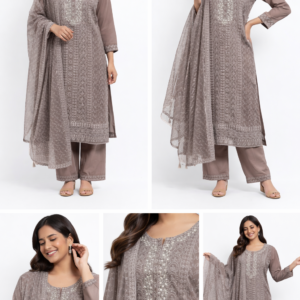 Taupe Whisper Embroidered Kurta Set with Dupatta