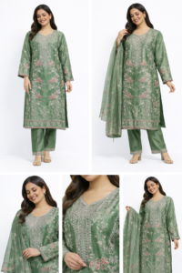 Sage Bloom Floral Embroidered Kurta Set with Dupatta
