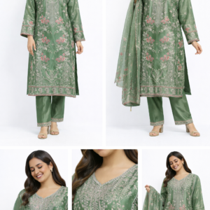 Sage Bloom Floral Embroidered Kurta Set with Dupatta