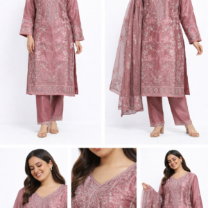 Rosy Veil Floral Embroidered Kurta Set with Dupatta
